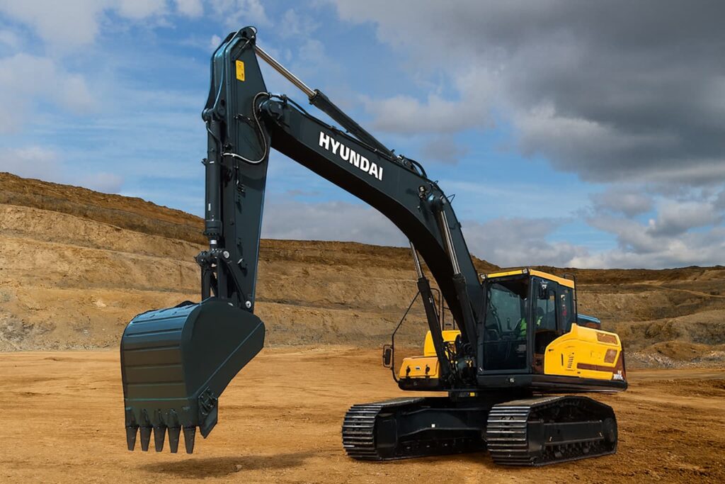 Hyundai construction heavy equipment excavator operating on a mining site in South Africa, showcasing durability and power.