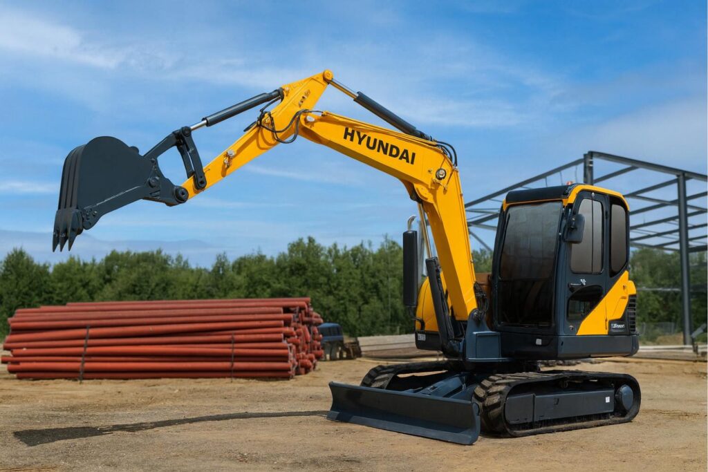A Hyundai Mini Excavator displayed on a clean background, showcasing its compact design and powerful arm extension — representing the efficiency and versatility of Hyundai Mini Excavators